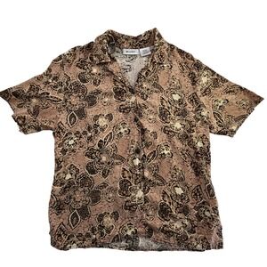 Units Button Down Shirt Floral Batik Print Short Sleeve Medium Tan Brown Vintage